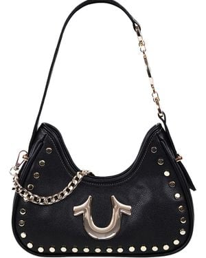 TRUE RELIGION , Studded Pebble Shoulder Purse with Horseshoe Logo and Chain Hardware Hobo Bag, Schwarz