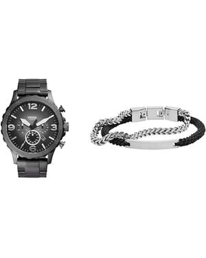 Fossil Nate Graue Edelstahl Uhr und Ellis Silberfarbener Armband - Mehrfarbig