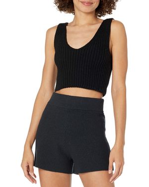 The Drop Sylvie Double V-neck Textured Rib Cropped Jumper Tank - Black