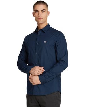 Tommy Hilfiger Uomo Camicia Poplin Shirt iche Lunghe - Blu