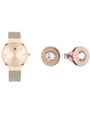 Tommy Hilfiger Montre Analogique à Quartz pour avec Bracelet milanais en Acier Inoxydable Couleur Or Rose Clair + Jewelry