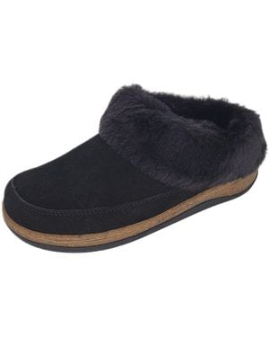 Clarks Ladies Suede Slippers Faux Fur Collar Lined With Cork Midsole Open Back Indoor Outdoor - Blue