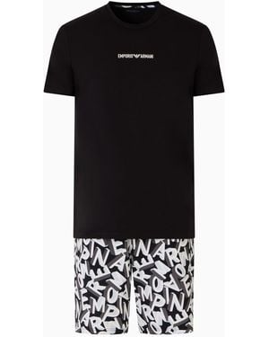 Emporio Armani Bold Logo Cotton Pajama Short And Tee Set - Black