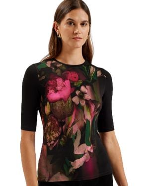 Ted Baker Wmb-floene-Printed Skinny Fit Quarter Sleeve Top Camicia da Donna - Nero