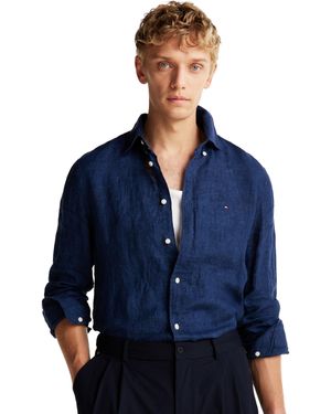 Tommy Hilfiger Long Sleeve Casual Linen Button Down In Regular Fit - Blue