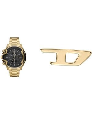 DIESEL Griffed Goldfarbene Edelstahl Uhr und Ohrring - Mettallic