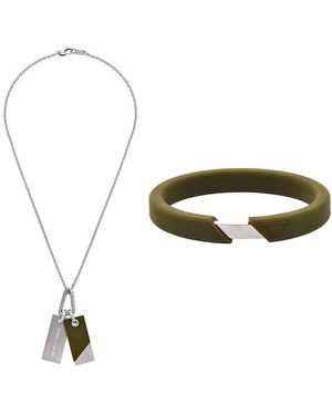 Emporio Armani Collier et Bracelet en Acier Inoxydable Argenté Silicone - Vert