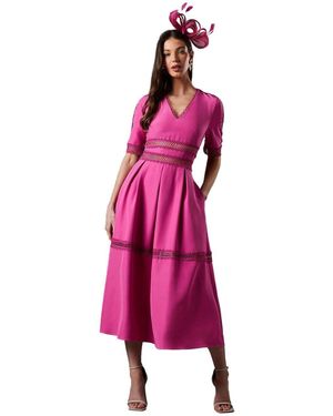 Coast Crochet Insert Crepe V Neck Midi Dress - Pink