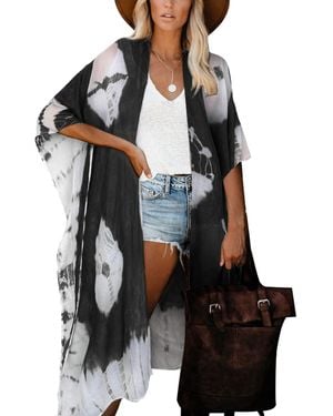 HIKARO Floral Beach Kimono Cardigan Boho Bikini Swimwear Cover Ups Black White