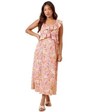 Dorothy Perkins Petite Floral Frill Neckline Tie Back Midi Dress - Multicolour