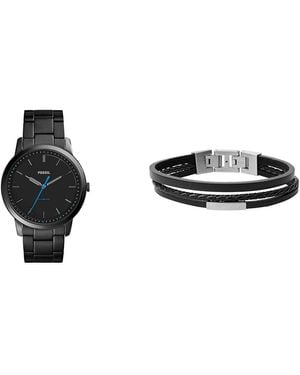Fossil Minimalist Schwarze Edelstahl Uhr und Townsman Leder Armband