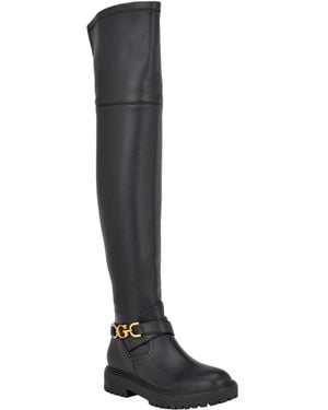 Guess Jellio Over The Knee Lug Sole Ornament Strap Narrow Calf Boots - Black