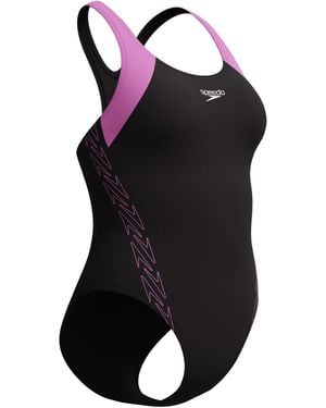 Speedo Hyperboom Splice Racerback Swimsuit Swimming Costume Neon Violet Size 38" Approx Uk 16 - Black