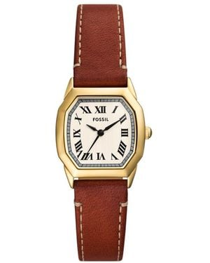 Fossil Harlow Three-hand Gold Stainless Steel And Medium Brown Leather Band Watch - Multicolour