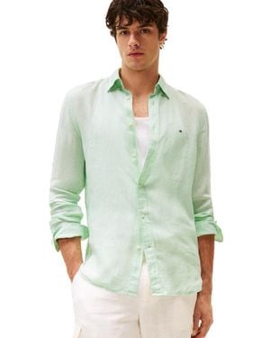 Tommy Hilfiger Long Sleeve Casual Linen Button Down Shirts In Regular Fit - Green