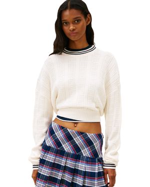 Tommy Hilfiger S Cotton Cable Pullover Crewneck Jumper With Knit Flag Print - White