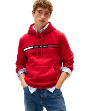 Tommy Hilfiger Weight Fleece Hoodie Sweatshirt With Signature Stripe Logo Hooded - Red