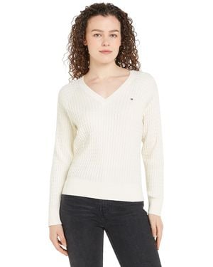 Tommy Hilfiger Pullover Cable Sweater mit V-Ausschnitt - Weiß