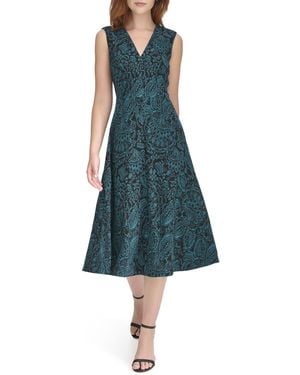 Tommy Hilfiger Sleeveless V Neck Fit And Flare Midi Dress - Blue