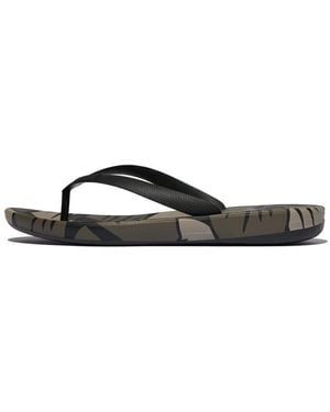 Fitflop Iqushion S Leaf-print Ergonomic Flip-flops - Black