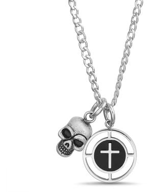 TRUE RELIGION Skull Black Cross Circle Pendant 22 Inch Long Chain Necklace For Stainless Steel - Metallic