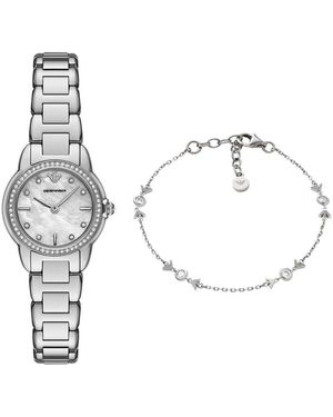 Emporio Armani Silberfarbene Edelstahl Uhr und Armband Sterlingsilber - Mettallic