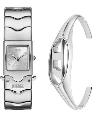 DIESEL Uomo Orologio Closer in Acciaio Inossidabile Argento e Bracciale D Logo Ovale - Bianco