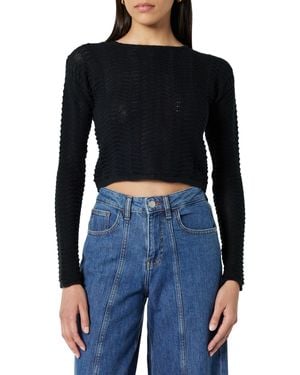 The Drop Makayla Crochet Dropped Shoulder Cropped Pullover - Black