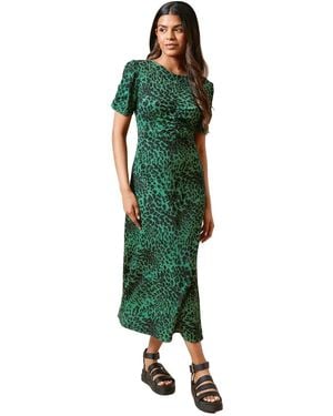 Dorothy Perkins Petite Animal Ruched Sleeve Jersey Midi Dress - Green