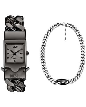 DIESEL Uomo Orologio Grigio Closer e Collana Oval D Logo in Acciaio Inossidabile Bicolore - Metallizzato