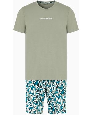 Emporio Armani Bold Logo Printed Cotton Pajama Short And Tee Set - Green