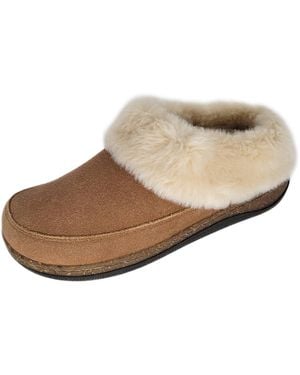 Clarks Ladies Suede Slippers Faux Fur Collar Lined With Cork Midsole Open Back Indoor Outdoor - Brown