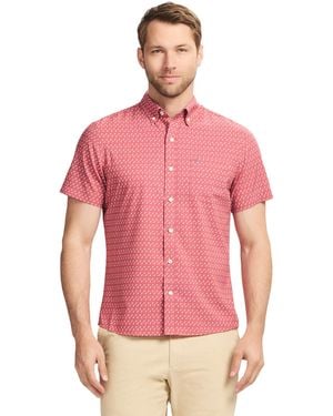 Izod Breeze Short Sleeve Button Down Patterned Shirt - Pink