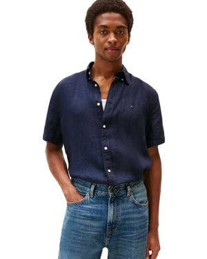Tommy Hilfiger Short Sleeve Casual Linen Button Down Shirts In Regular Fit - Blue