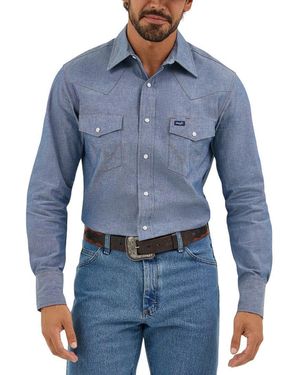 Wrangler S Cowboy Cut Western Long Sleeve Snap Work Washed Finish Button Down Shirts - Blue