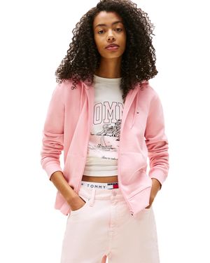 Tommy Hilfiger Medium Weight Zip Up Hoodie With Script Logo And Drawstring - Pink