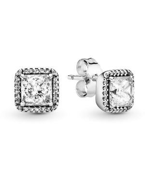 PANDORA Timeless Square Sparkling Halo Square Silver Stud Earrings With Clear Cubic Zirconia - Metallic