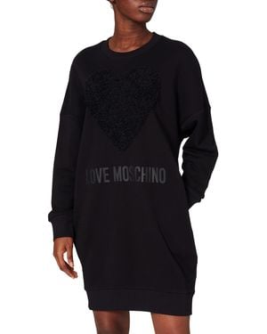 Love Moschino Loose Fit Long Sleeved Dress Maxi Heart with Tulle Ruffle Applique And Logo Print Casual - Blu