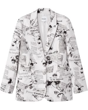 Desigual Straight Blazer With Text And Flowers - White