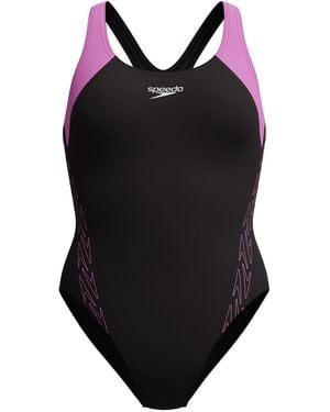 Speedo Hyperboom Splice Racerback Swimsuit Swimming Costume Neon Violet Size 42" Approx Uk 20 - Black