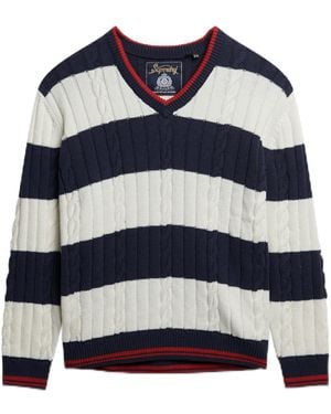 Superdry Gestreifter Übergröße-Pullover mit Zopfmuster und V-Ausschnitt Kräftiges Marineblau Gestreift 44