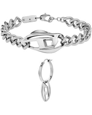 DIESEL Set Zweifarbiges Edelstahlarmband und silberfarbene Oval D Logo Ohrringe - Mettallic