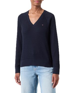 Tommy Hilfiger Pullover Cable Sweater mit V-Ausschnitt - Blau