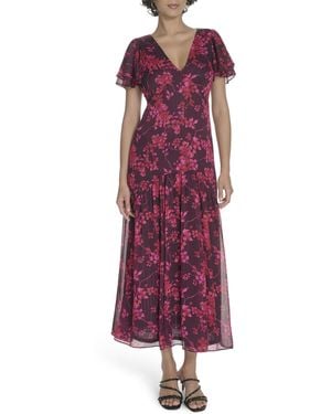 Tommy Hilfiger Flutter Sleeve V Neck Tiered Maxi Dress - Purple