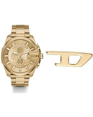 DIESEL Mega Chief Goldfarbene Edelstahl Uhr und Ohrringe - Mettallic