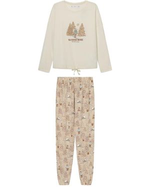 Women'secret Lange Pyjama Teddy Tree Voor - Naturel