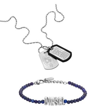 DIESEL Font Halskette und Armband aus silberfarbenem Edelstahl - Weiß