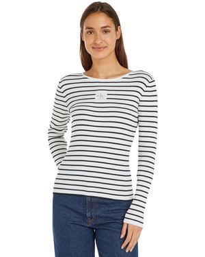 Calvin Klein Jeans Donna Maglietta iche Lunghe Woven Label Tight Sweater Senza Cappuccio - Nero