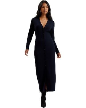 Ted Baker S Wmk-elmhaa-ribbed Knitted V Neck Maxi Cardigan Jumper - Blue