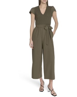 Calvin Klein Casual Stretch Self Tie Belt V Neck Jumpsuit - Green